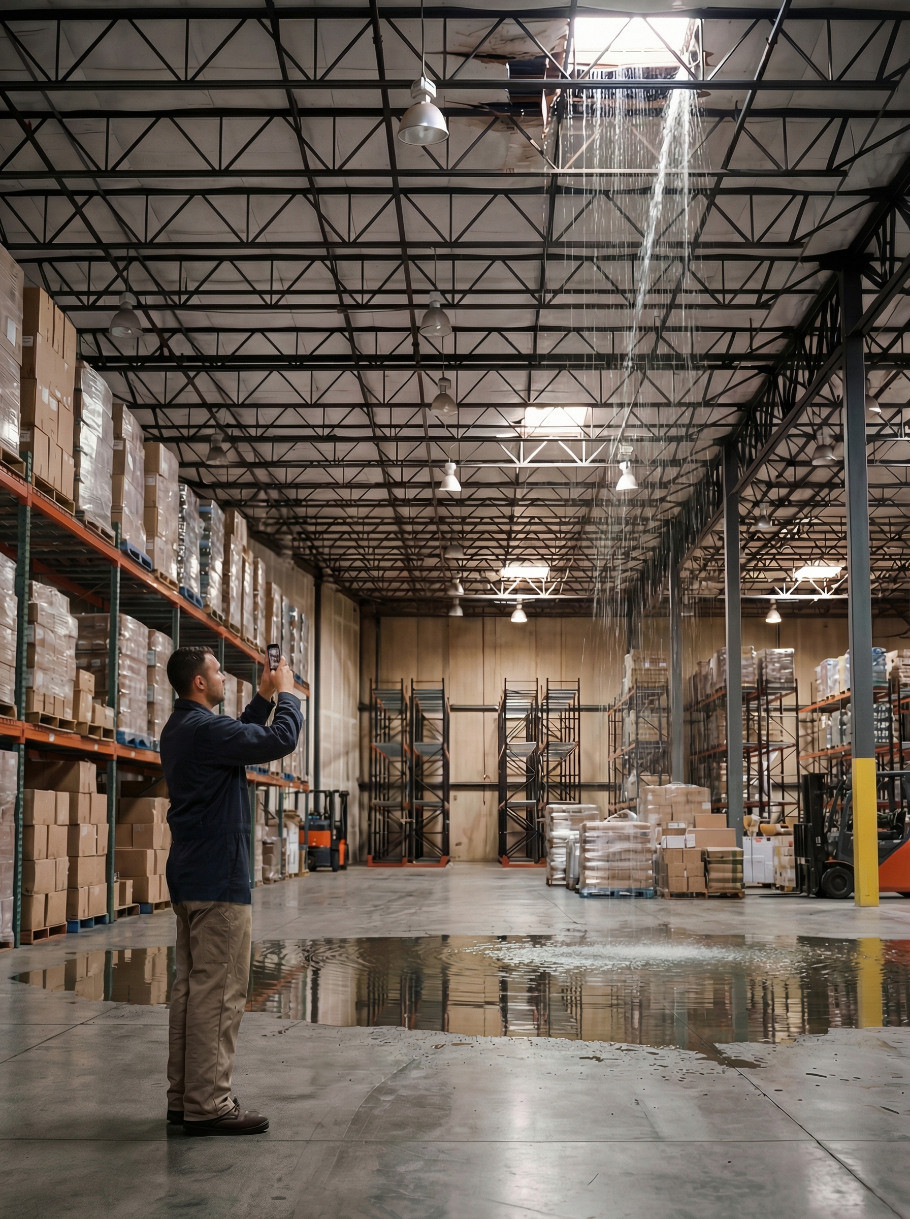 Restoration tech documenting warehouse roof leak