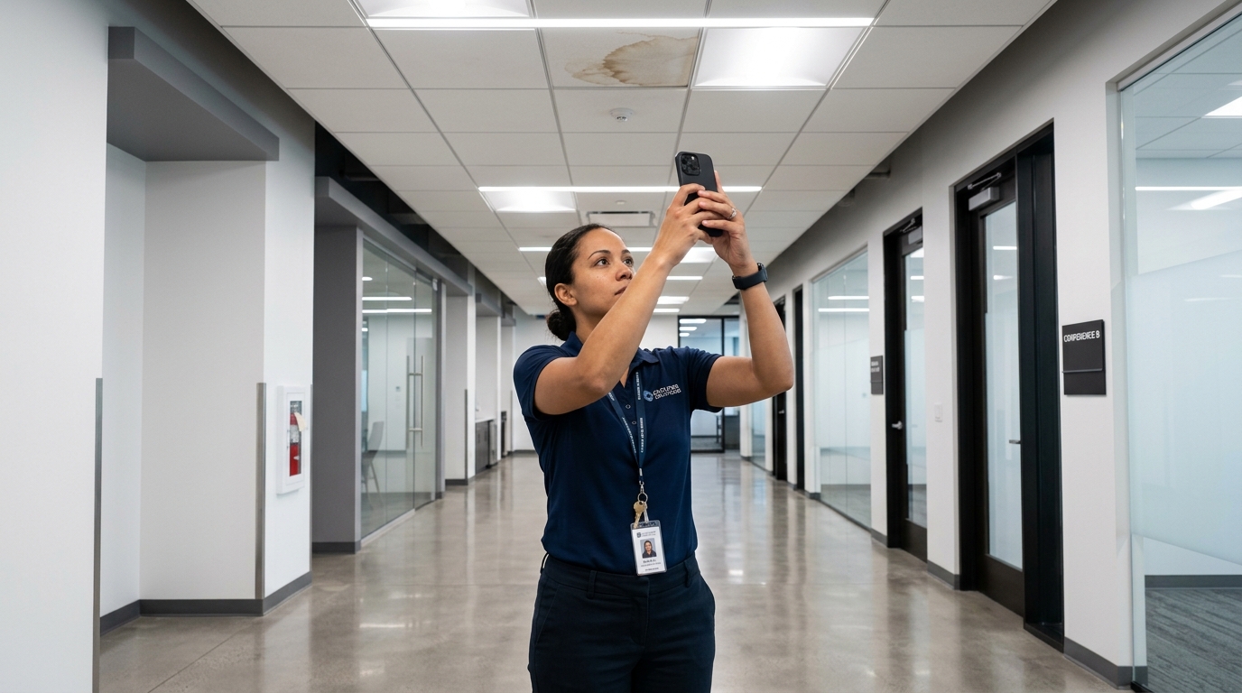 Facilities manager photographing corridor